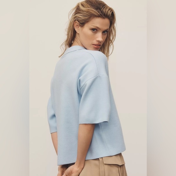 Maeve Anthropologie The Elliot Light Blue Pearl Embellished Knit Polo Top Size S - Picture 7 of 7